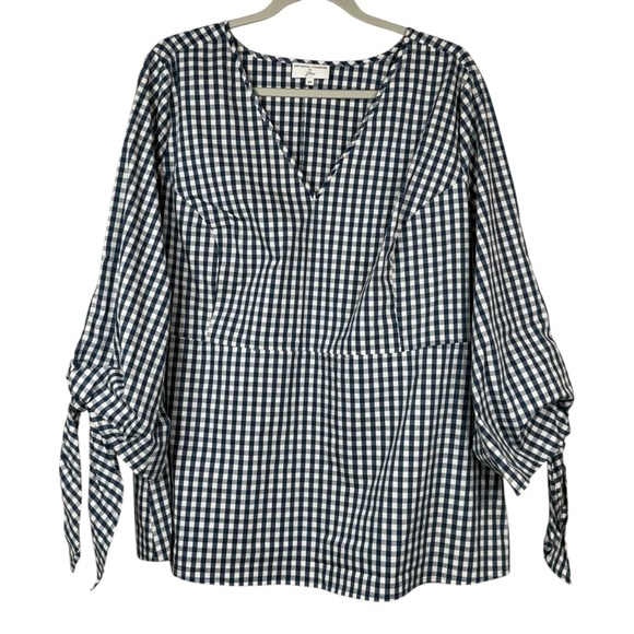 Universal Standard For J Crew Blue&White Gingham Poplin Tie Sleeve Blouse Sz 2X - Picture 2 of 15